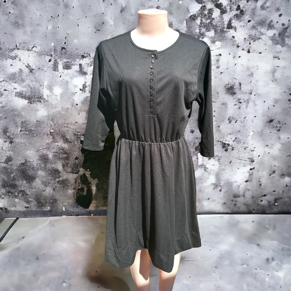 Vintage 80s Blair Black Dress Made in USA Button Front Elastic Waist LBD